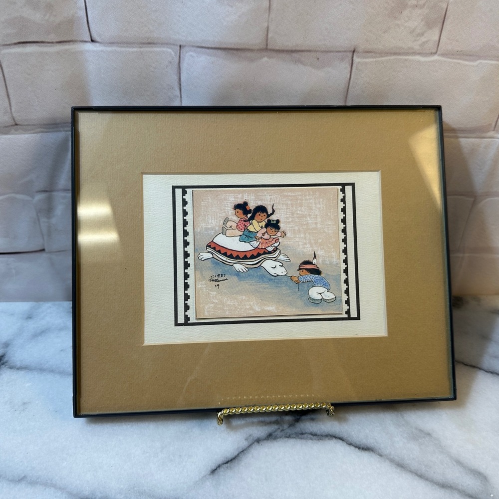 Vintage 1987 M Bennett Southwestern Art Print Framed Children Riding Turtle 8x10